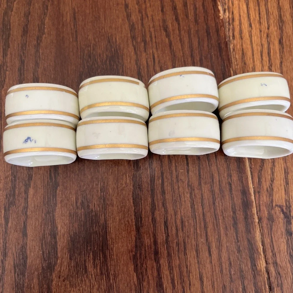Set Of 8 Gorham Vintage Ivory Porcelain Napkin Rings with Gold Trim EUC